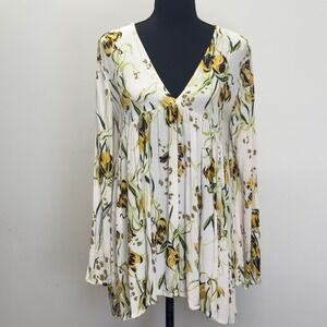 Free‎ People Bella Boho Floral Print Tunic Top V Neck Long Sleeve Small S
